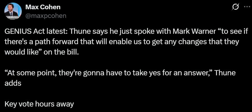 Max Cohen Tweet:

GENIUS Act latest: Thune says he just spoke with Mark Warner “to see if there's a path forward that will enable us to get any changes that they would like” on the bill.  

“At some point, they're gonna have to take yes for an answer,” Thune adds

Key vote hours away
