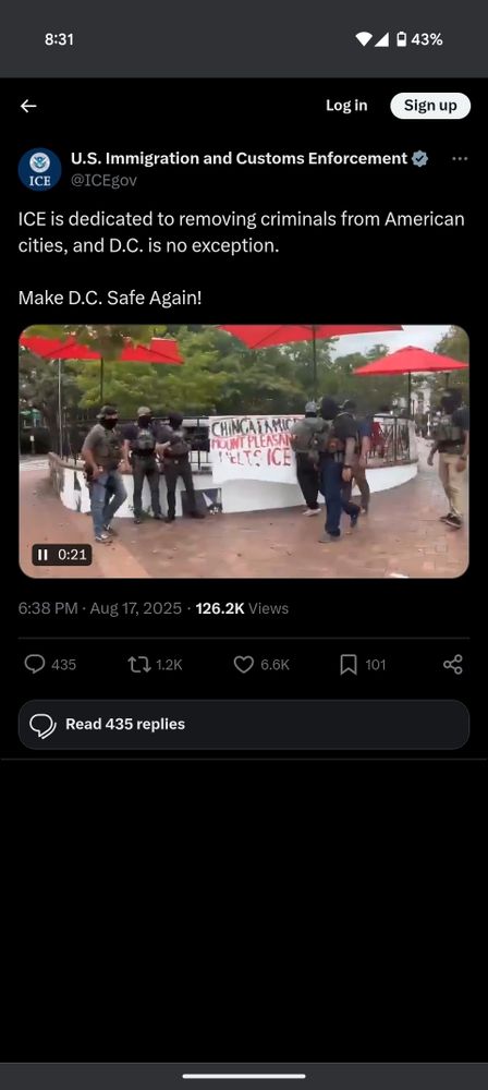 Post from US ICE twitter account tearing down political speech signs in Mt Pleasant DC