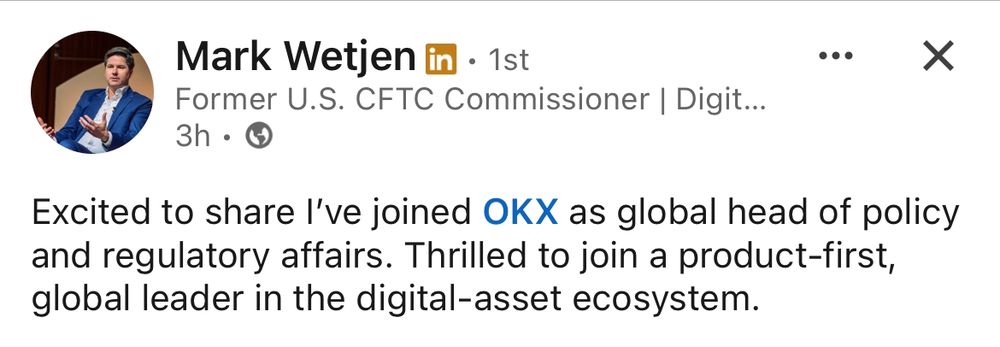 Tweet where Mark Wetjen announces he has started a job at OKX
