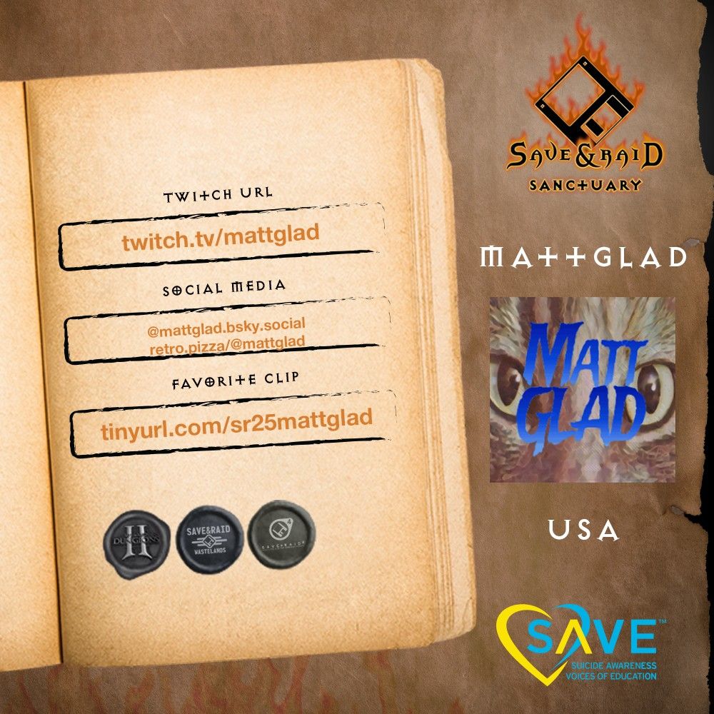 player card for twitch streamer mattglad, featuring social info for the upcoming 2025 save and raid event and stamps indicating previous save and raid events participated in.