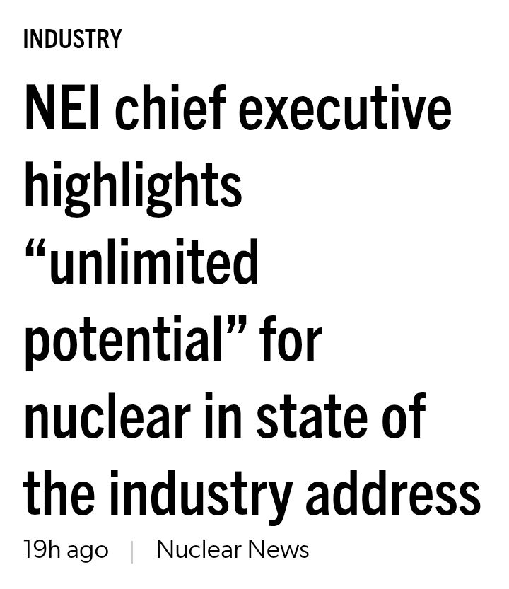 Nuclear News. 

NEI chief executive highlights "unlimited potential" for nuclear in state of the industry address.

@americannuclear.bsky.social 