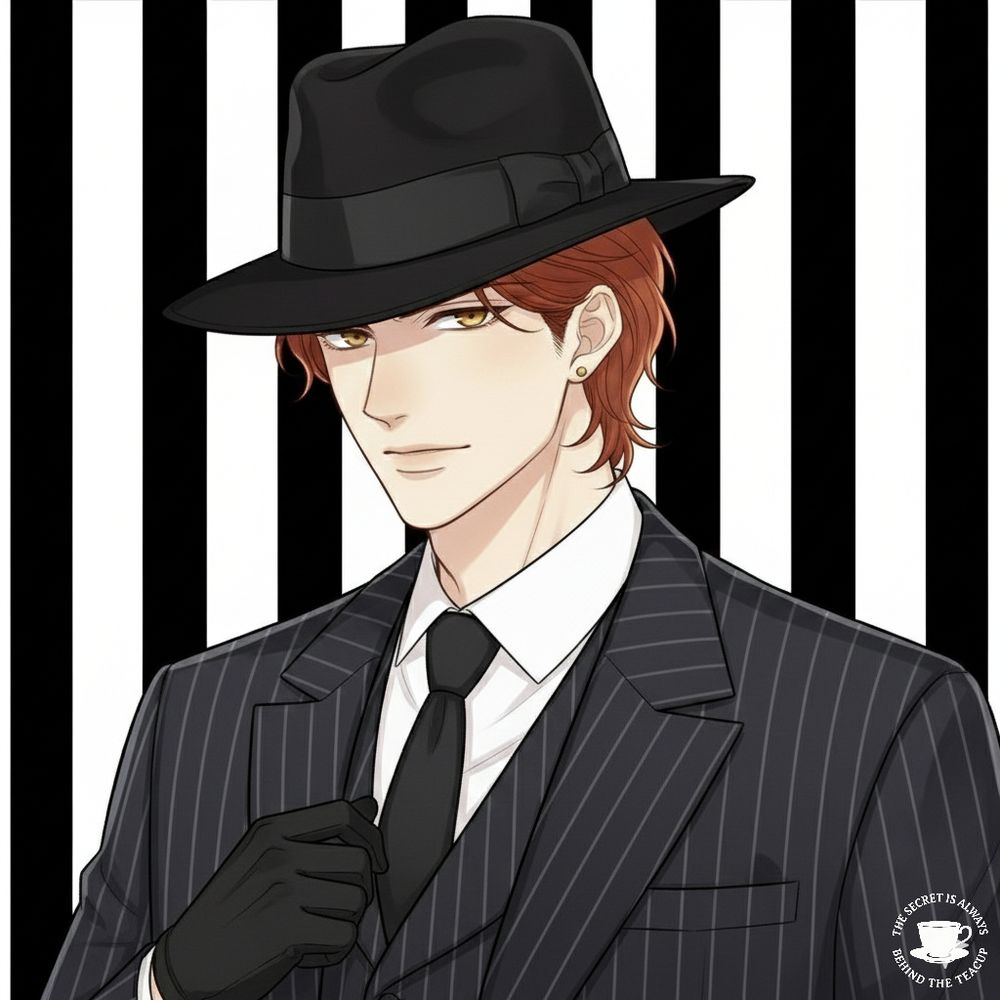 アルファポリスで連載中のWeb小説「秘密はいつもティーカップの向こう側」のイメージイラストです。赤毛でクォーター、美貌のフードライター・西園寺亜嵐が、ストライプの黒いスーツを着ています。手には黒い手袋、黒いハットをかぶっています。背景は黒と白のストライプです。バストアップのイラストです。