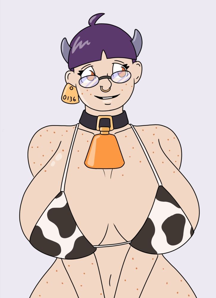 drawing of a cow girl with short purple hair, freckles, glasses, an ear tag, a cowbell collar, and an impressive rack filling out a cow print bikini