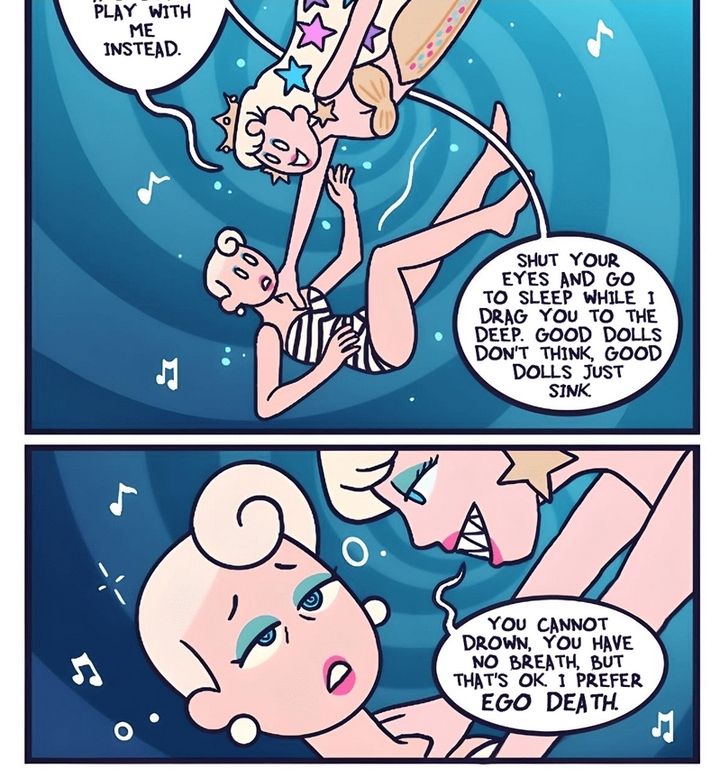 Screenshot of Misfits in Toyland. A mermaid pulling a doll underwater with the text: "Shut your eyes and go to sleep while I drag you to the deep. Good dolls don't think, good dolls just sink. You cannot drown, you have no breath, but that's OK. I prefer ego death."