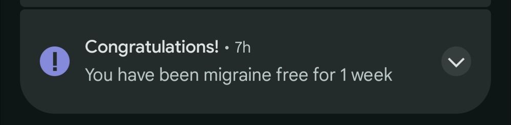 An app notification that says "Congratulations! You have been migraine free for 1 weeks" 
