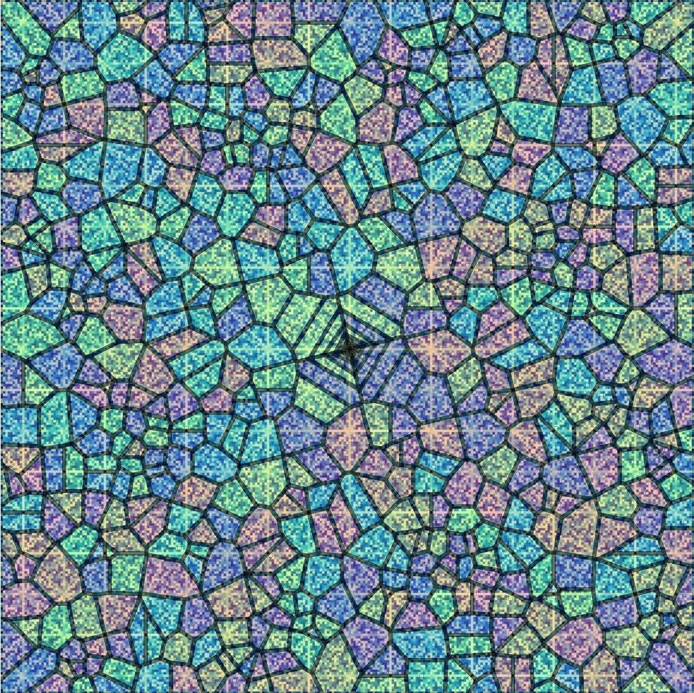 Pisano Quilt for 289 with voronoi diagram, creating a stained glass pattern that feels mostly random but with a green and purple ziggurat in the center.