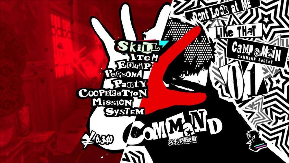 Persona 5 pause menu; each letter in each menu item is a different font like a serial killer letter