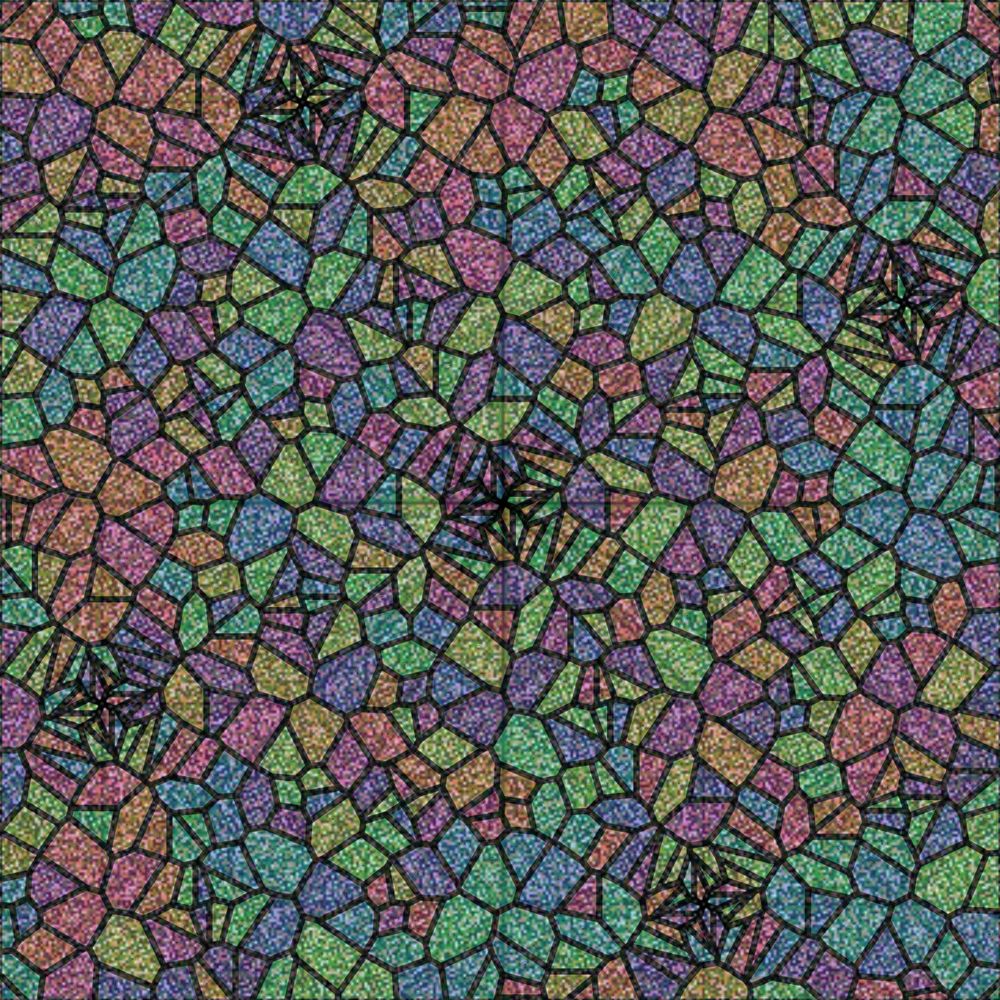 Pisano Quilt for 365 overlaid with a voronoi diagram creating a stained glass patern showing five compas roses arranged rotationally symmetric.