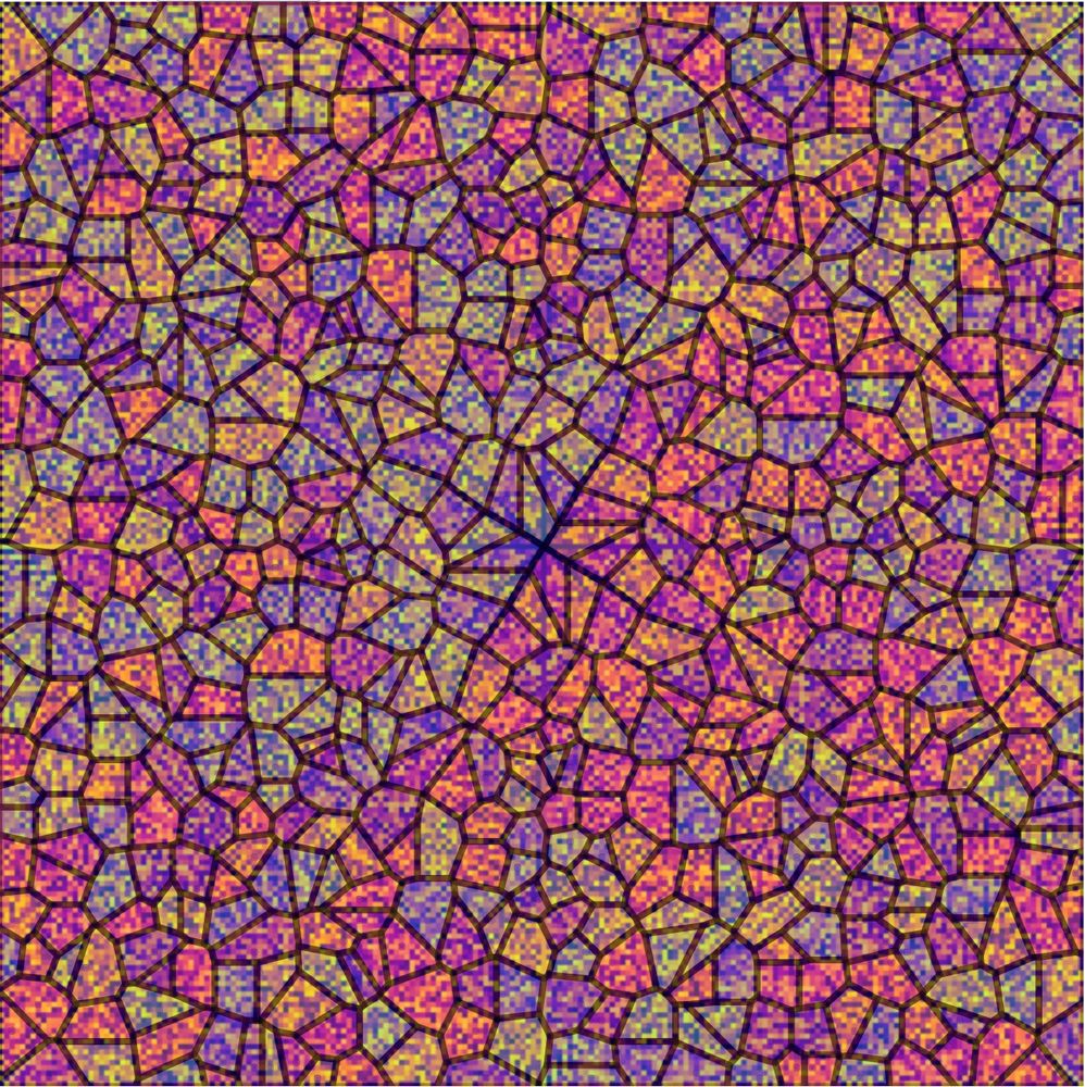 A voronoi diagram over the Pisano quilt of 206, creating a symmetrical stained glass effect.