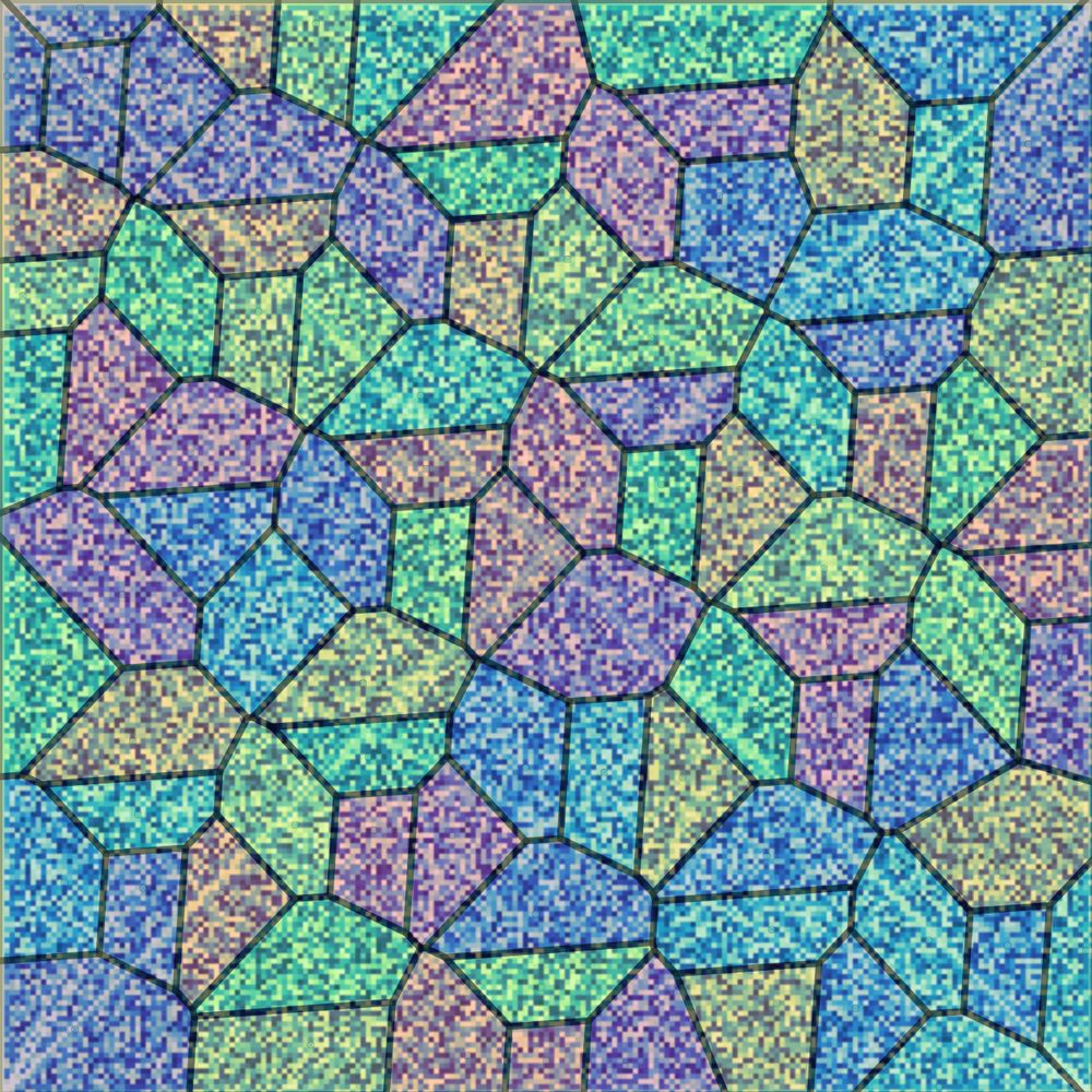 Voronoi diagram over the pisano quilt for 209, creating a stained glass effect with a translated repeating pattern.