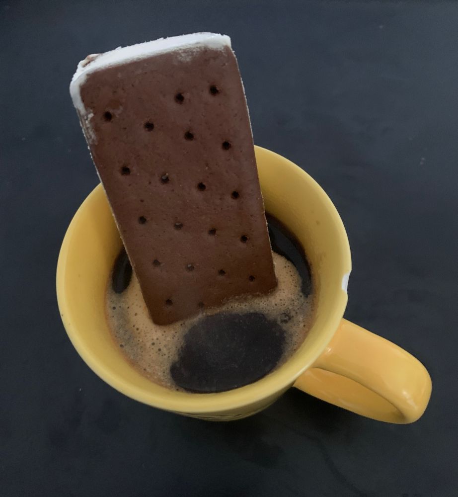 An ice cream sandwich dunked in coffee like an affogato