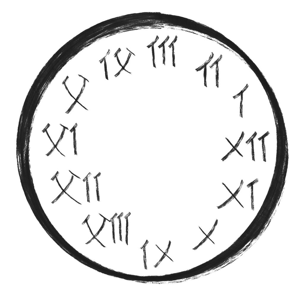 A "Japanese" clock drawn in calligraphy with 12 at the right and going counterclockwise, with roman numerals represented by similar japanese kanji or kana