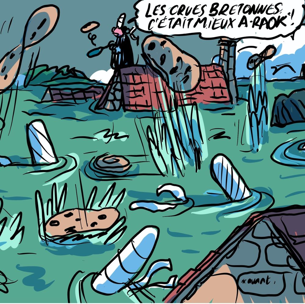 Un dessin de Terreur Graphique illustrant un article titré «Inondations dans l’Ouest : trois départements en vigilance rouge, Redon se prépare à une crue historique»
