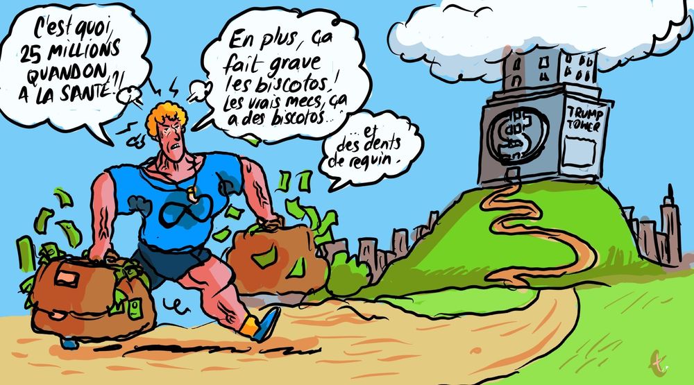 Dessin de Terreur Graphique illustrant un article titré «Meta accepte de verser 25 millions de dollars à Trump pour la suspension de ses comptes Instagram et Facebook»