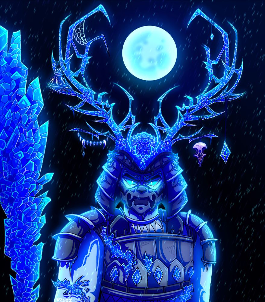 The Ice Emperor glares towards the camera, icy staff in hand, as his antlers cradle the moon. His antlers are grand and sharp and wicked, and they reach towards the moon sitting just between them like greedy claws. Various items decorate his antlers, like crystals, a mouse skull, mistletoe, and even an entire row of animal teeth. One of the tips is snapped, but that doesn't take away from the grandeur of it all.