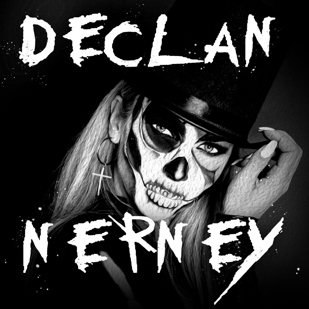 “Declan Nerney” shirt in a My Chemical Romance font with a pic of goth woman in skull paint wearing a top hat
