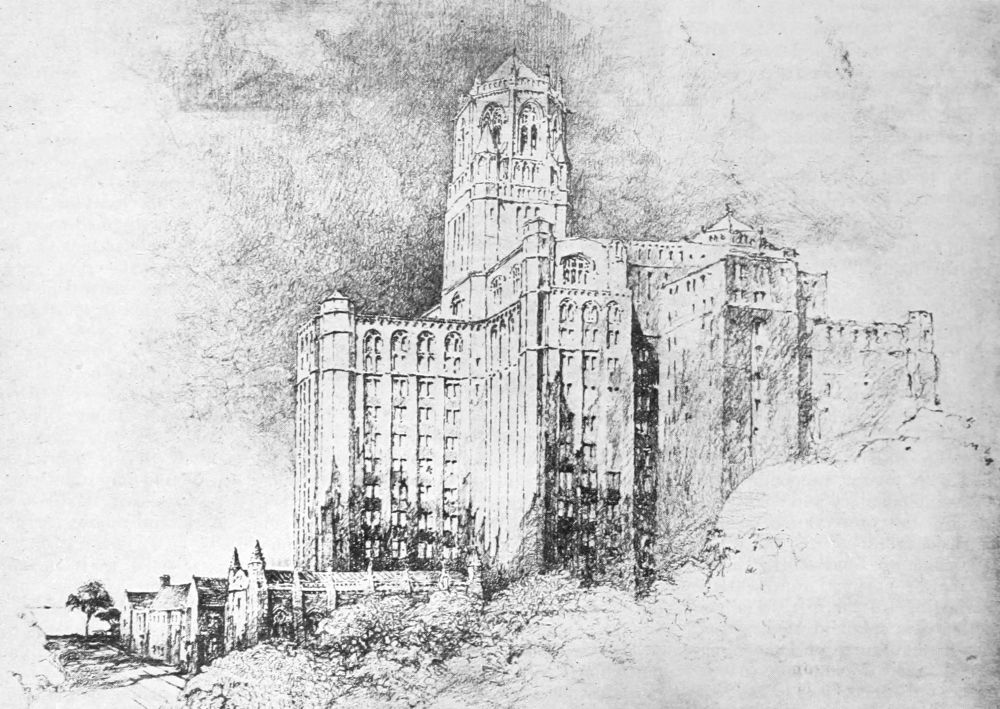 An early rendering of the Ward Building, by architect James Gamble Rogers, ca. 1924. Via Hathi Trust