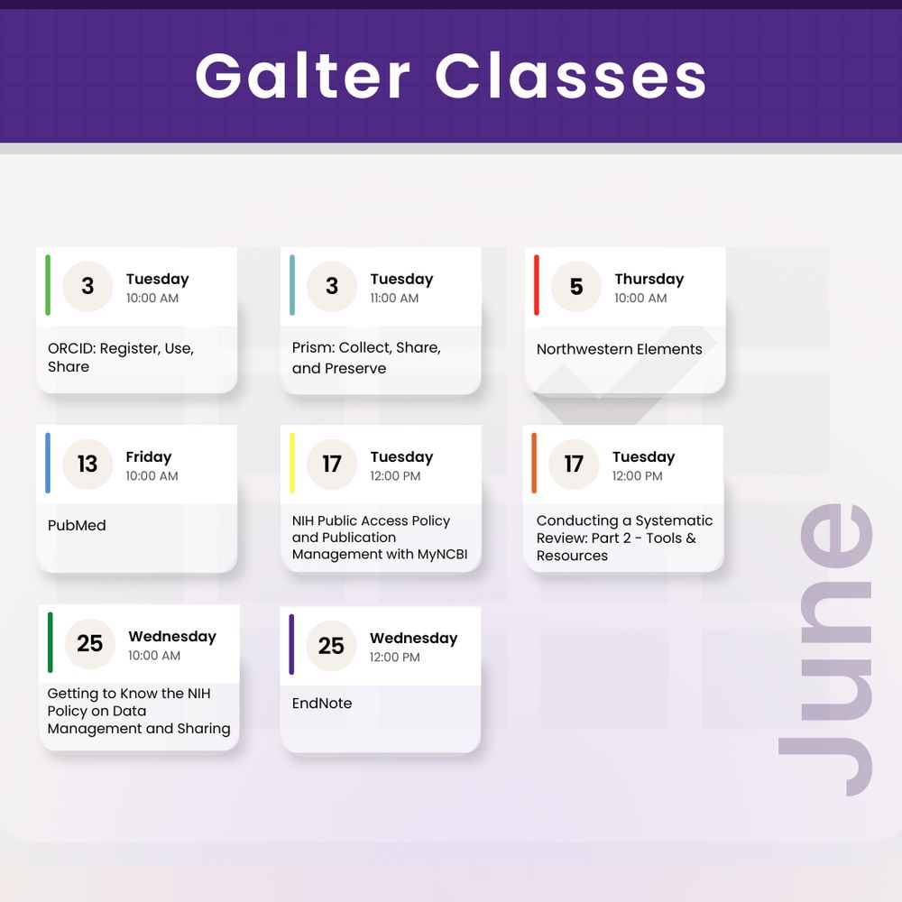 Galter Library Logo
Hello!

The Galter Health Sciences Library & Learning Center is pleased to offer the following classes during the month of June:

ORCID: Register, Use, Share - Tue, June 3 10:00 AM CDT at Online (Zoom)

Prism: collect, share, and preserve the full spectrum of your work - Tue, June 3 11:00 AM CDT at Online (Zoom)

Northwestern Elements - Thu, June 5 10:00 AM CDT at Online (Zoom)

NIH, My NCBI and PMCIDs - Virtual Q & A "Office Hours" - Thu, June 5 2:00 PM CDT at Online (Zoom)

NIH, My NCBI and PMCIDs - Virtual Q & A "Office Hours" - Thu, June 12 11:00 AM CDT at Online (Zoom)

PubMed - Fri, June 13 10:00 AM CDT at Online (Zoom)

Conducting a Systematic Review: Part 2 - Tools & Resources - Tue, June 17 12:00 PM CDT at Online (Zoom)

NIH Public Access Policy and Publication Management with MyNCBI - Tue, June 17 12:00 PM CDT at Online (Zoom)

NIH, My NCBI and PMCIDs - Virtual Q & A "Office Hours" - Thu, June 19 2:00 PM CDT at Online (Zoom)

Getting to Know the NIH Policy on Data Management and Sharing - Wed, June 25 10:00 AM CDT at Online (Zoom)

EndNote - Wed, June 25 12:00 PM CDT at Online (Zoom)

NIH, My NCBI and PMCIDs - Virtual Q & A "Office Hours" - Thu, June 26 11:00 AM CDT at Online (Zoom)