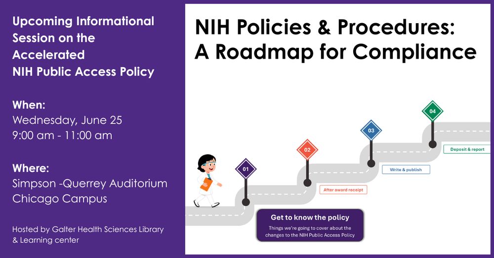 Announcement for NIH Policies & Procedures session on June 25, 9–11 am at Simpson-Querrey Auditorium, hosted by Galter Library. Includes a four-step roadmap graphic: know the policy, after award, write & publish, deposit & report