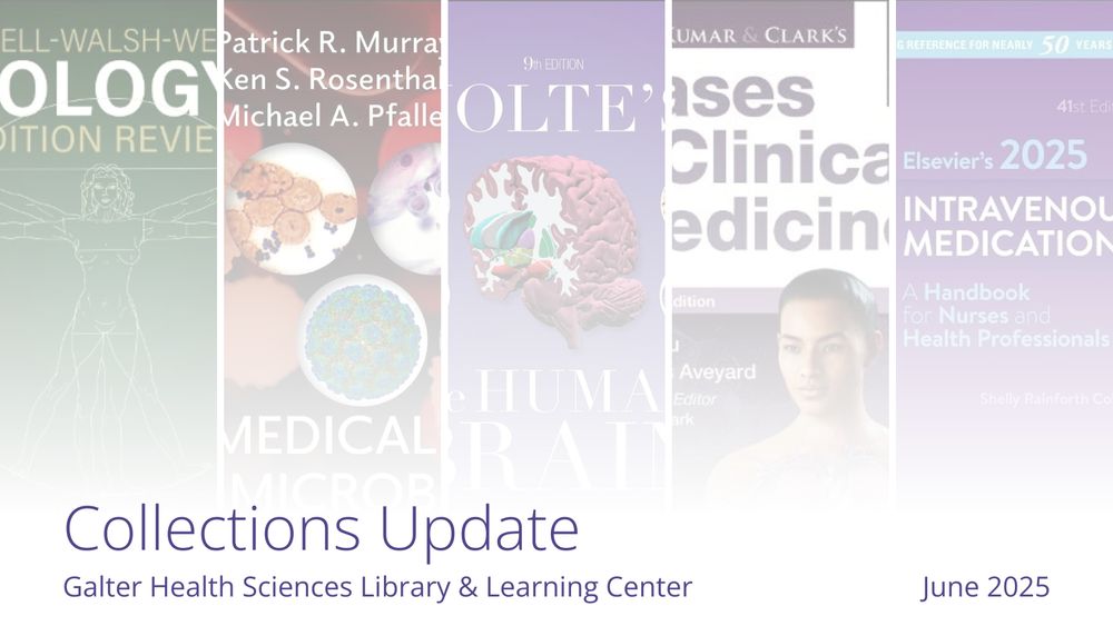 Banner for Galter Health Sciences Library & Learning Center's June 2025 Collections Update, featuring a collage of medical book covers.