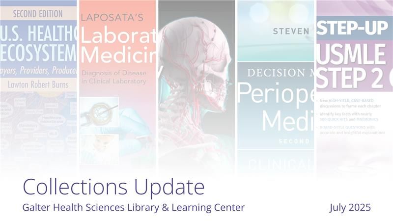 A collage of five medical book covers arranged side by side. " Below the books, text reads: "Collections Update Galter Health Sciences Library & Learning Center July 2025."