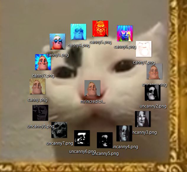Mr Incredible PNG image on a desktop, surrounded by 15 png versions of Mr Incredible becoming canny/uncanny in a circle pattern. All of this is centered over a background image's confused looking cat's nose.