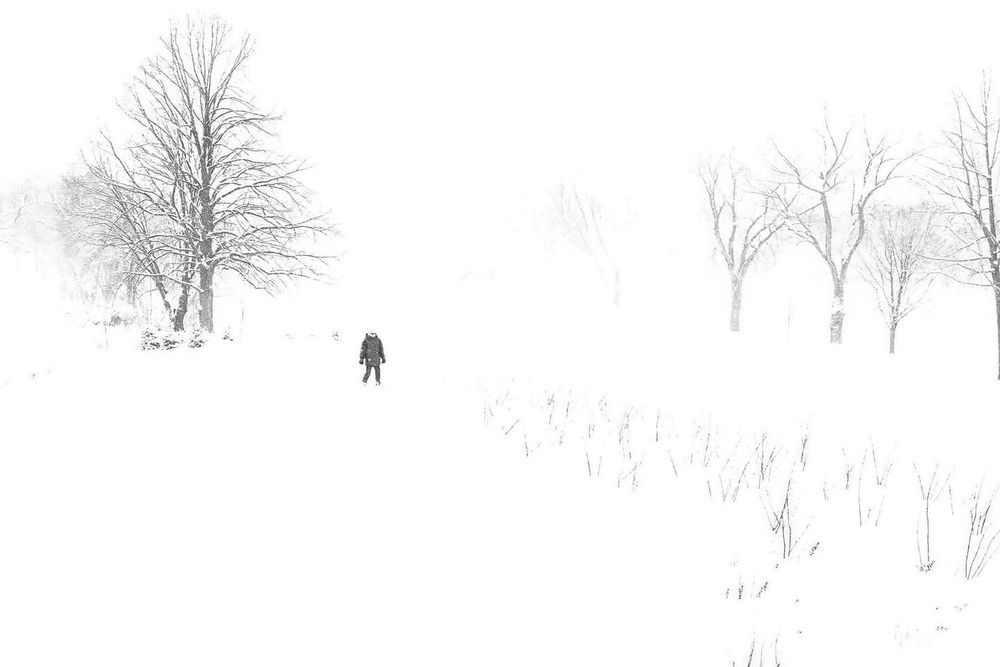 A solitary figure in a snow storm. 
