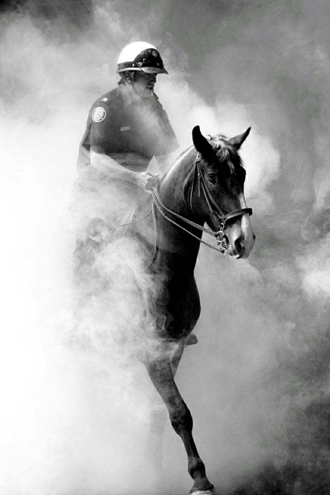 Toronto Police Mounted Unit training session, officer on horseback riding through a smoke barrier, half obscured. He's wearing a white riding helmet and a dark short-sleeved shirt. 