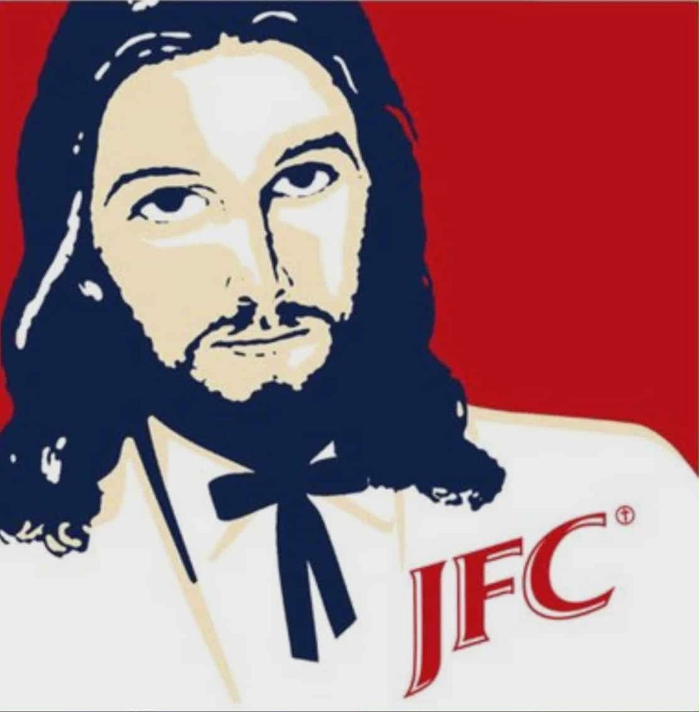 It's a KFC logo except it's Jesus and it says JFC instead.
