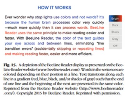 A depiction of the BeeLine Reader display as presented on the BeeLine Reader website. Words in the sentences are coloured depending on thier position in a line. Text transitions along each line in a gradient (red, blue, black and/or shades of grey) such that the end of one line and the beginning of the next are presented in the same colour.