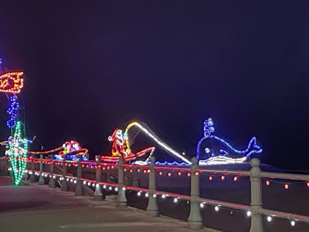 Holiday light display of Santa fishing from a boat and catching a whale