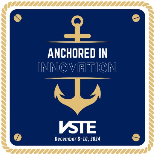 Navy blue background with a gold nautical anchor in the center and a gold nautical rope border. Text reads Anchored in Innovation, VSTE Dec 8-10, 2024