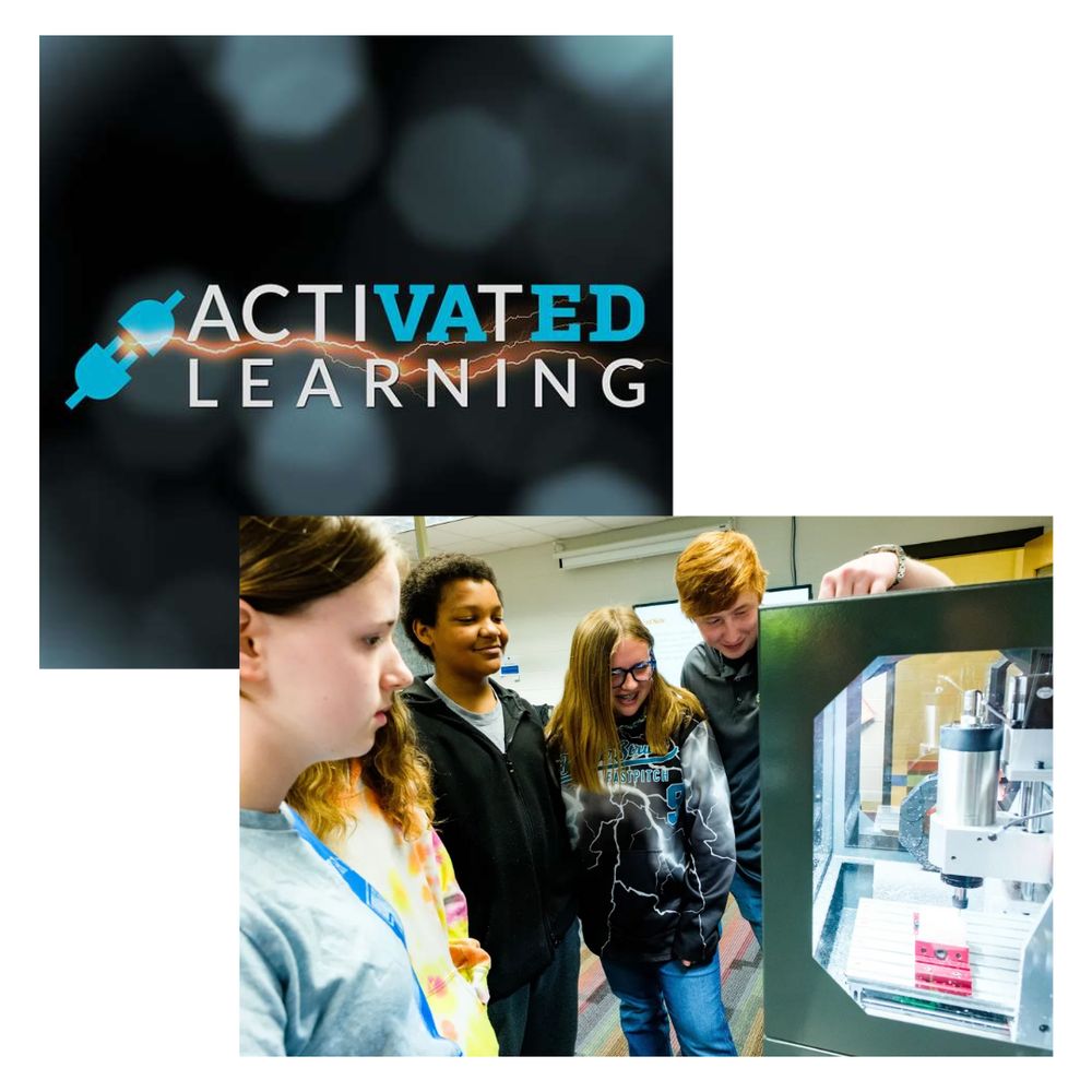 Episode 209 image for Activated Learning podcast (Activated Learning logo and students next to a 3D printer)