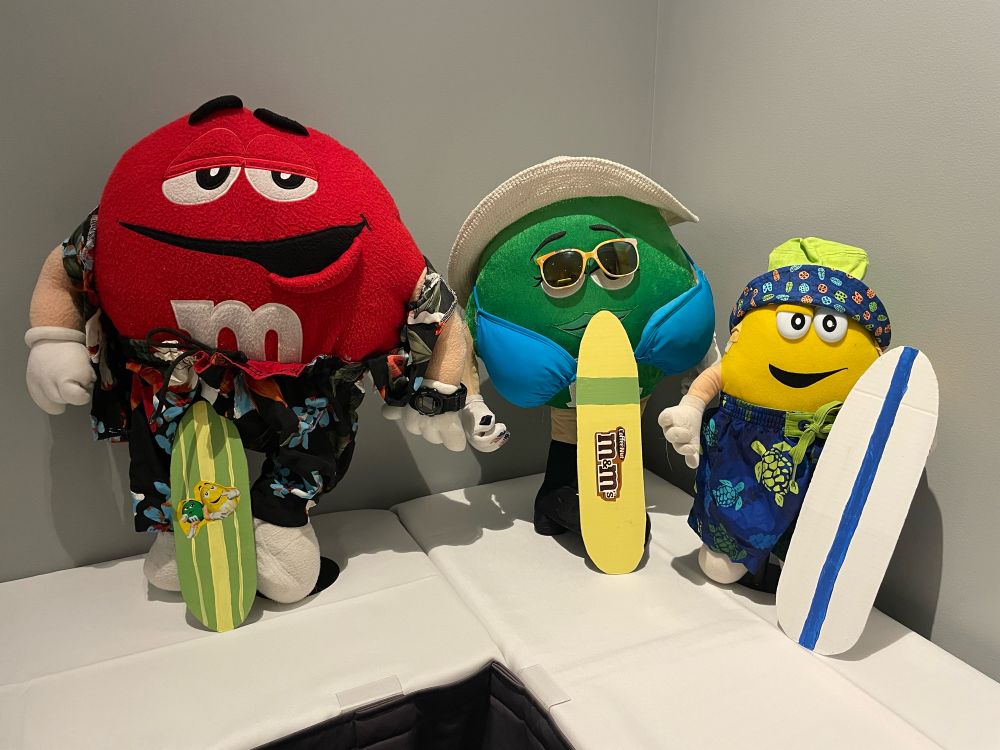 Three stuffed animal m&ms wearing surf gear and bathing suits 