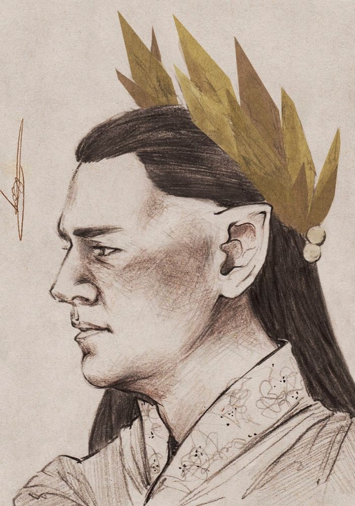 Portrait of Gil-Galad from the rings of power series played by Ben Walker. Graphite on paper. The graphite is warm-tonned and the crown of Gil-Galad is made by digital collage.