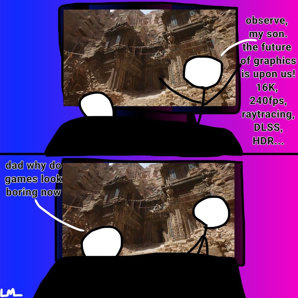 a father in his son are sat infront of a TV. the TV is displaying a generic modern AAA game. The father says "observe, my son. the future of graphics is upon us! 16K, 240fps, raytracing, DLSS, HDR..." The son then says "dad why do games look boring now". this is a reference to the fact that every triple A game looks the exact same