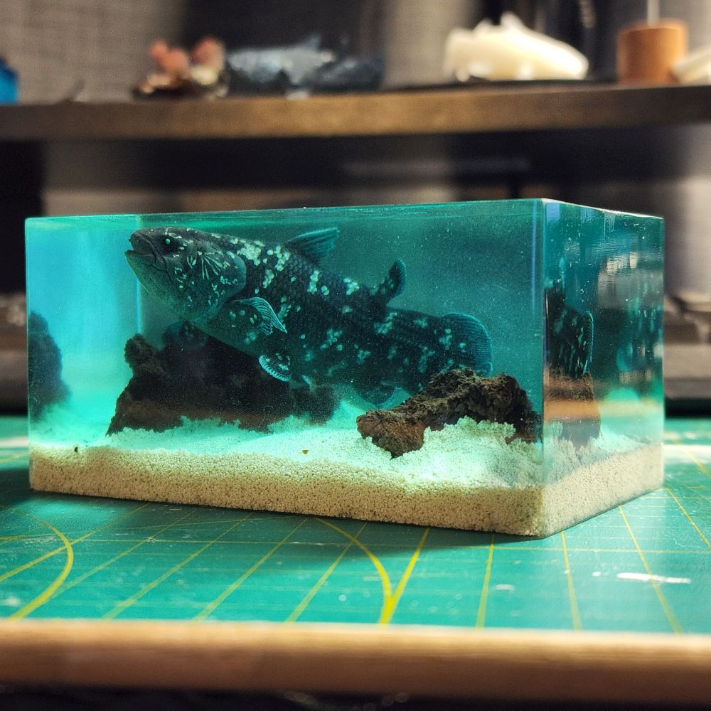 A resin diorama of an underwater scene depicting a coelacanth. From the side. Sandy bottom with rocks and blue tinted 'water'.