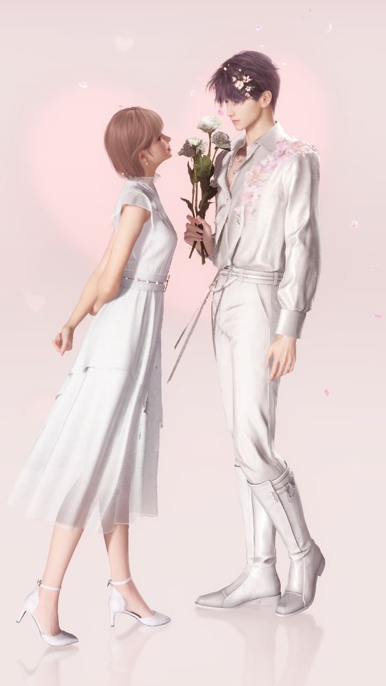 A screenshot made using Glint Photobooth in the game Love and Deepspace. Rafayel is holding a bouquet of flowers and Marzi is leaning up towards him.