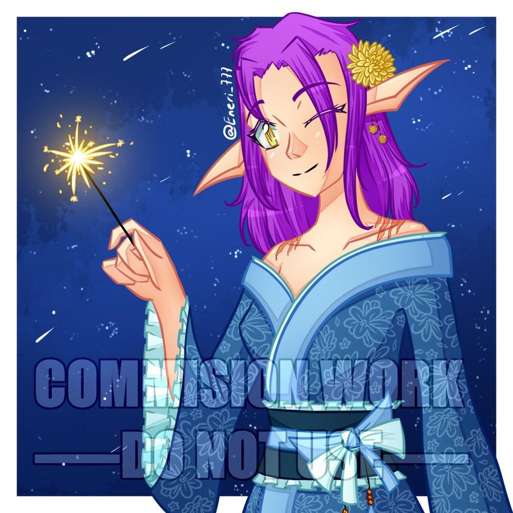 This is the raffle winner's drawing. It's her oc wearing a kimono gently  holding a sparkler.
She has elf ears, fair skin, purple short hair and big yellow eyes. Her kimono is a couple shades of blue with flower patterns. She has a yellow flower on her hair as an ornament.
The night sky behind her has shooting stars.