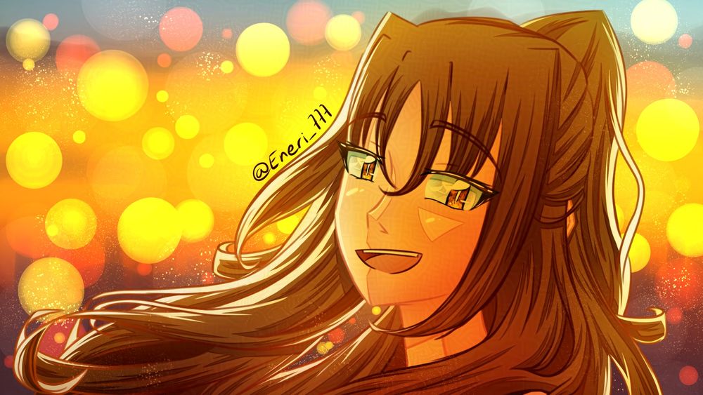 Close up drawing of Irene Fuji, smiling with a beautiful sunset behind her and blinding city lights.
She has long brown hair flying with the wind towards the left and only her face and neck can be seen. She has brown eyes, fair skin and a fond smile. In her eyes, Eneri Fuji can be seen reflected smiling.
The style of the lineart is more of a sketch this time around.