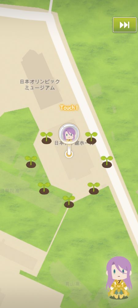 刀剣乱舞ONLINEの御伴散歩機能のスクリーンショット。日本青年館ホールにピンを刺しているところ。