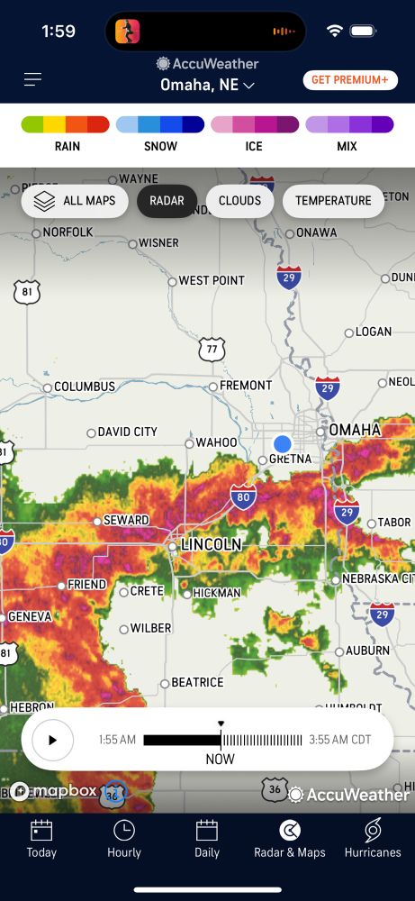 A screenshot of the weather radar, showing a very intense line of storms heading for Omaha.