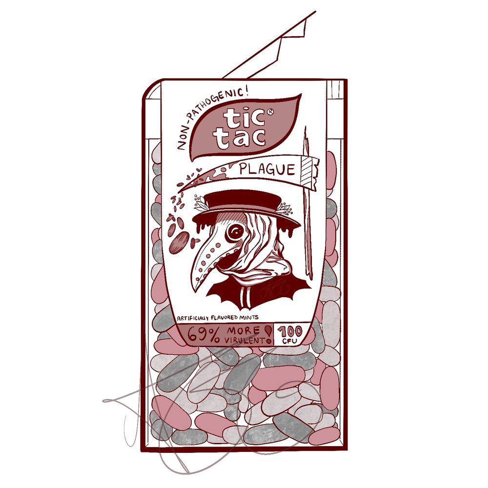 My digital drawing of a tic-tac box full of mints. The label reads "tic-tac PLAGUE." Also on the label are pictures of a plague doctor and a reaper scythe. The label touts the mints as being "non-pathogenic!" but also claims that the 100 CFU contained within the box are "69% more virulent!" I think the marketing team got confused. I drew the plague doctor from a photo reference that I found online by melting_heart_tattoo_designs.
