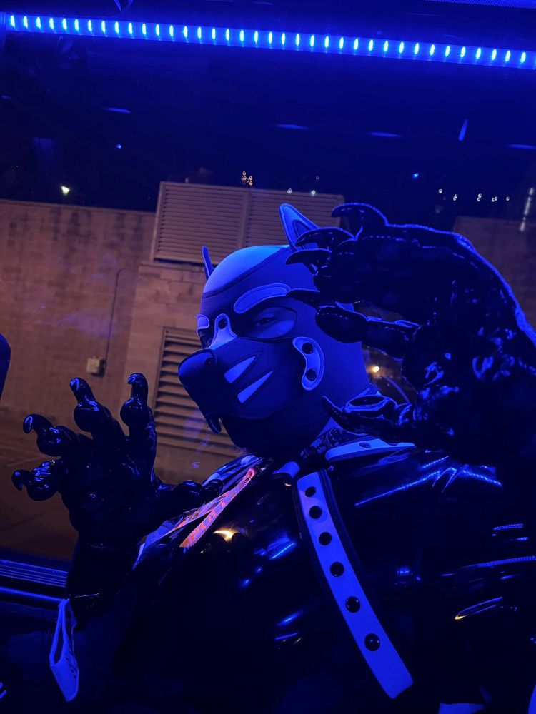 Saix in the same latex outfit in dim blue lighting. He raises his paws to show off his monster claws.