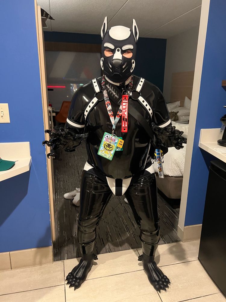 Saix dressed in full coverage latex. He is wearing a white pup hood along with white neoprene gear like a harness and briefs. His hands and feet are monster-shaped. He's wearing a con badge and a strap reading "Pull"