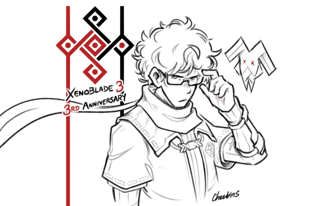 Lineart of Taion and a Mondo with a 4th-term marking behind them, along with the text "Xenoblade 3 3rd Anniversary"