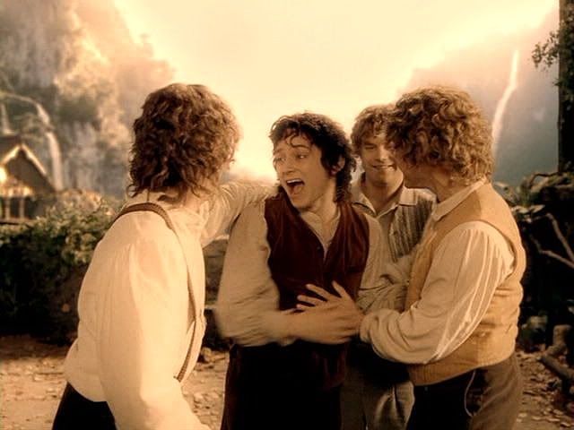 the hobbits reuniting with Frodo in Rivendell