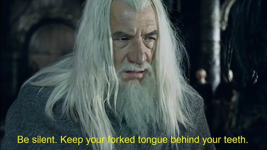Gandalf the White saying, "Be silent. Keep your forked tongue behind your teeth"