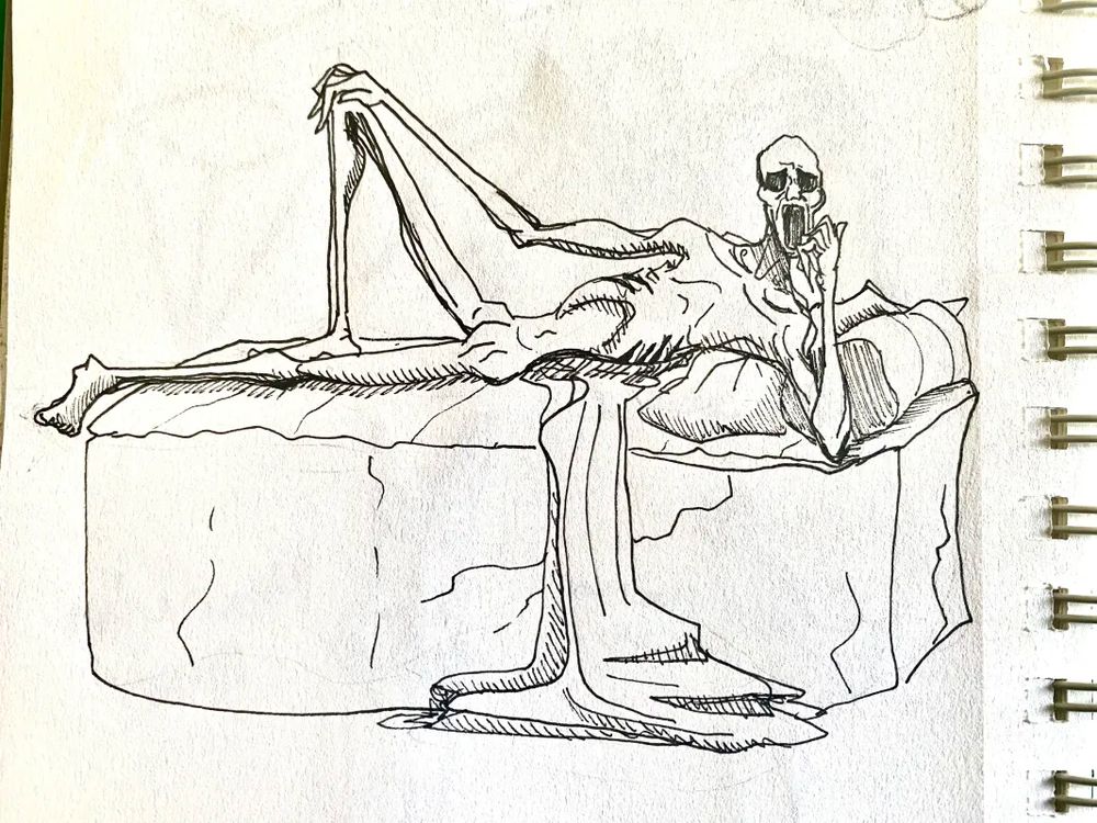 A Pthumerian, a creature of the catacombs, laying on a stone bed and eyeing the viewer.
