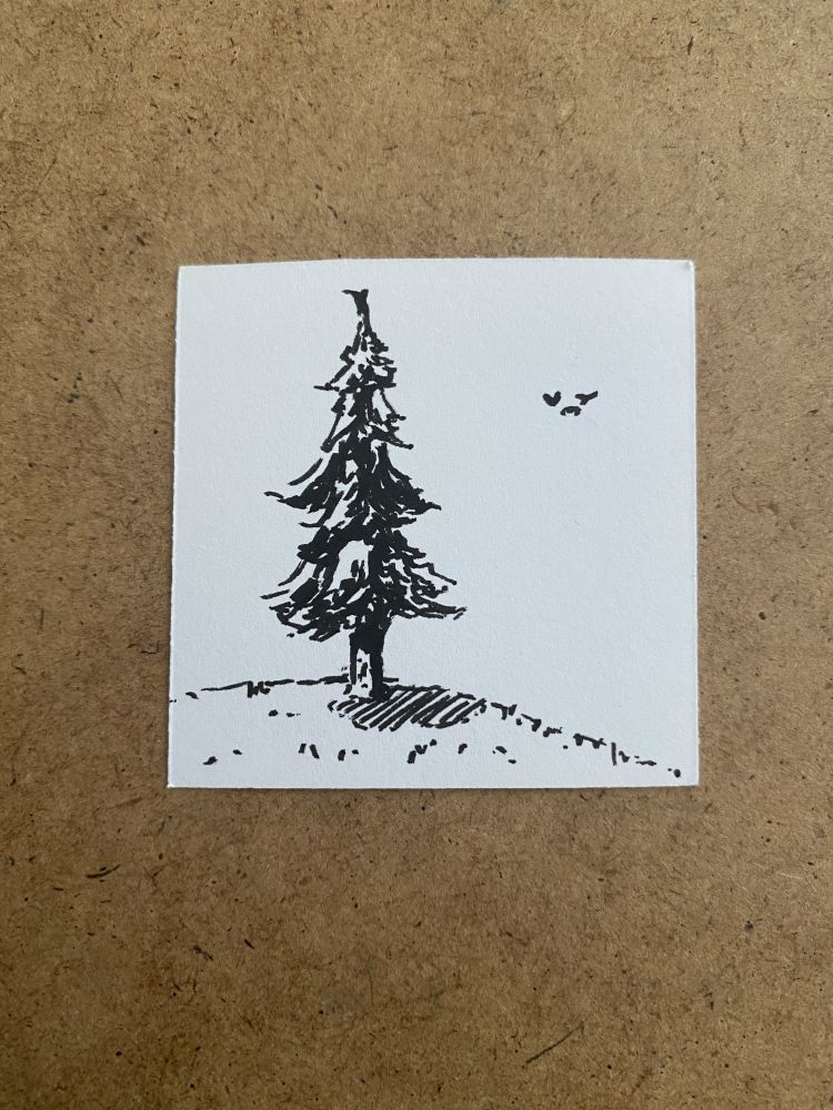 A pen drawing of a tree on a hill with three birds flying in the background.